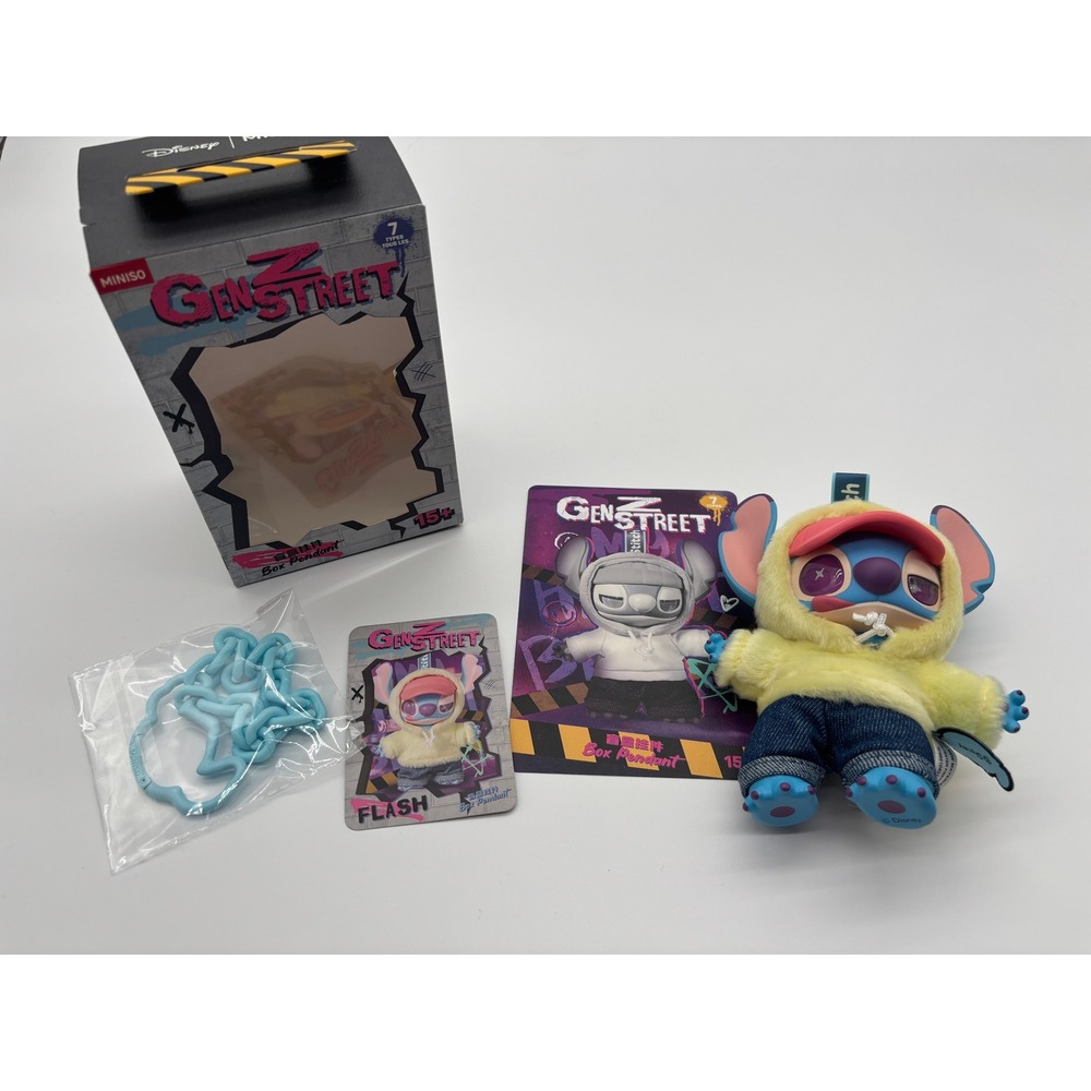 Disney Miniso Gen Street Stitch Pillow Fight Pendant With Chain & Card‎ Flash